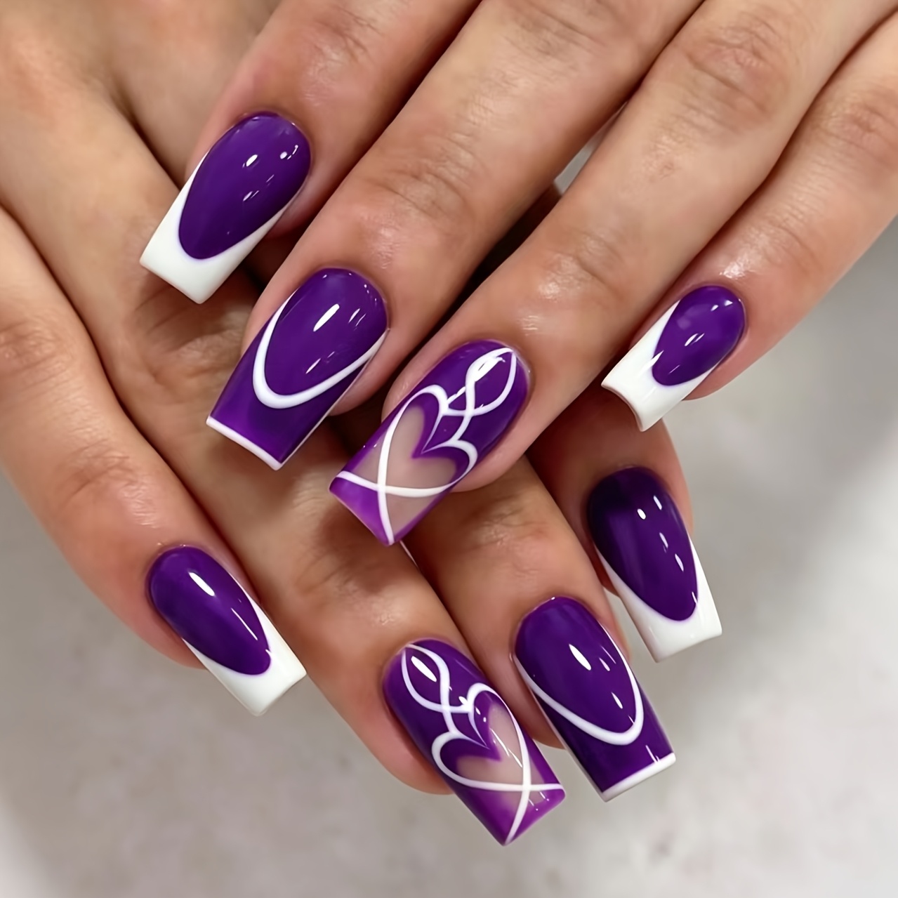 TEMU Purple French Manicure, Heart Pattern, Scheme, Suitable For