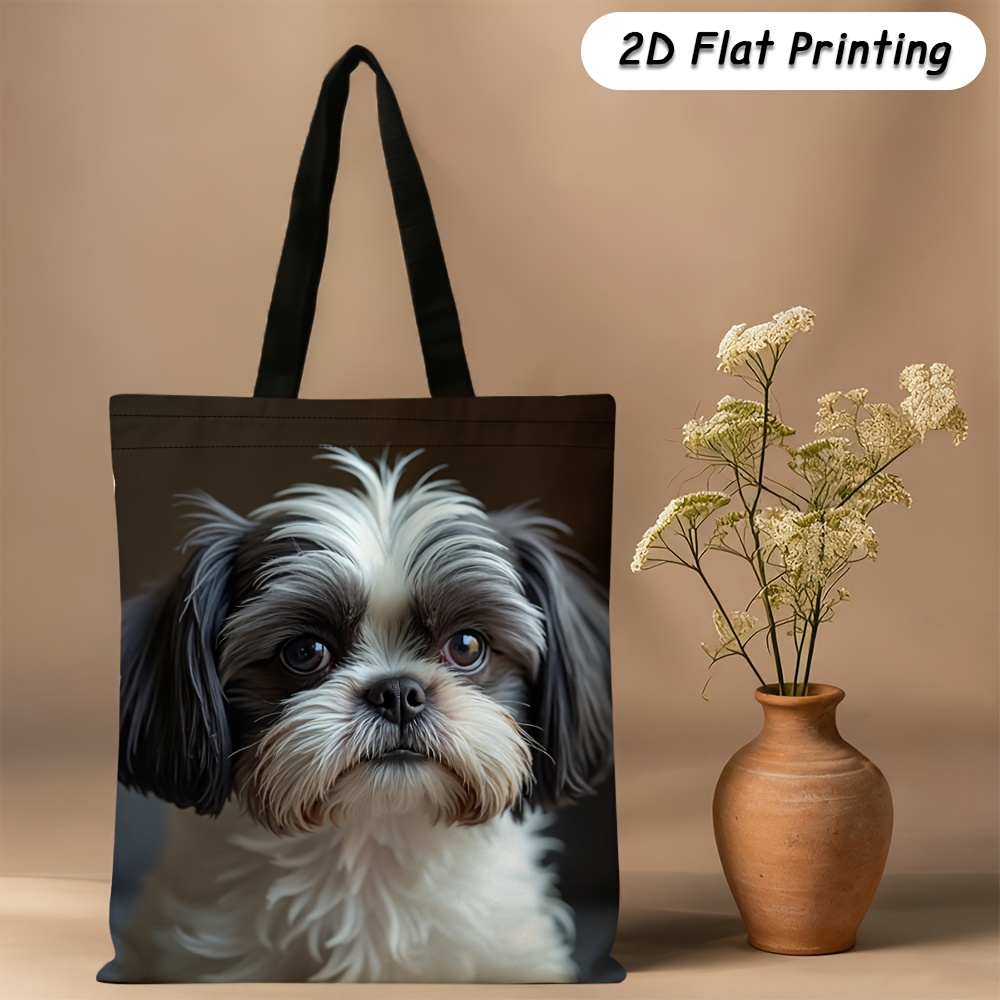 TEMU 1pc Tote Bag, 2d Flat Printing, Double-sided, 35x40cm, Black And White Shih Tzu Dog Print, Design, Versatile Reusable Tote Bag, Ideal For ,