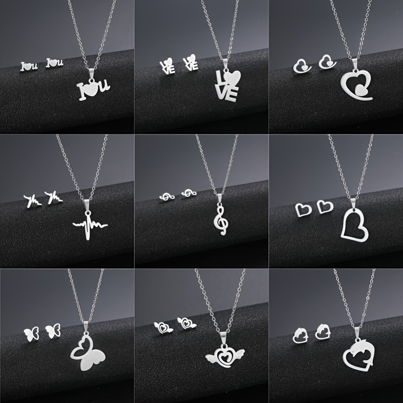 Image of 9 Sets Fashionable 304 304 Stainless Steel Jewelry, Elegant Assorted Necklace And Earring, Hypoallergenic 304 304 Stainless Steel Pendants, Daily Wear And Parties, For
