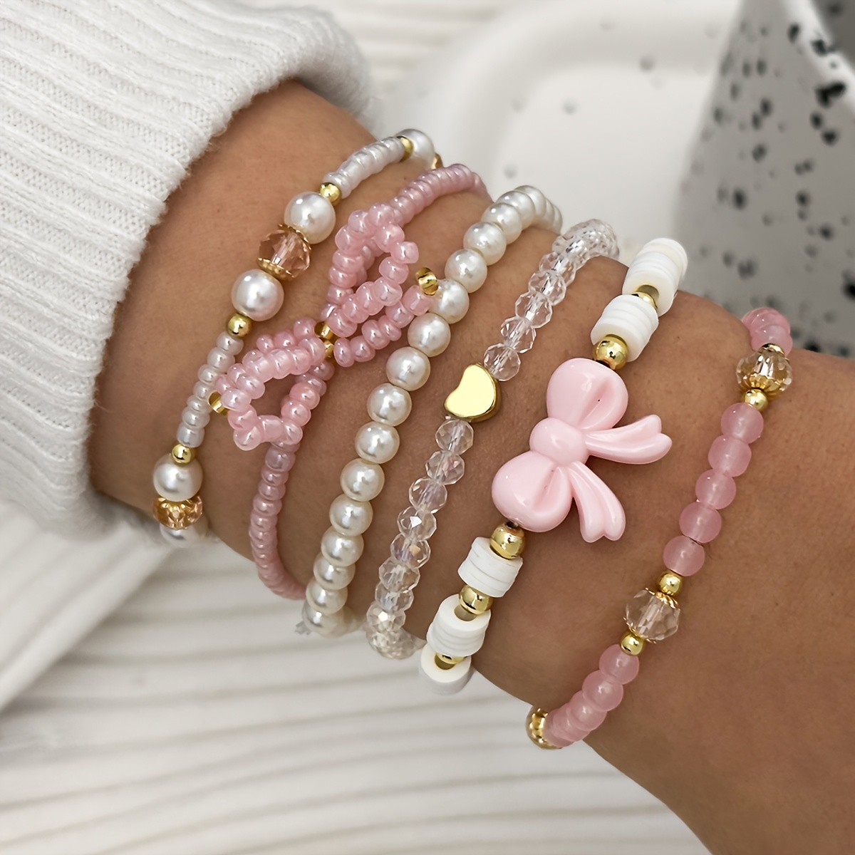 TEMU 6pcs Pink Series Glass Bead Pearl Soft Clay Handmade Positioning Beaded Stacking Bracelet Set, Cute Sexy Versatile Vacation Y2k Bow