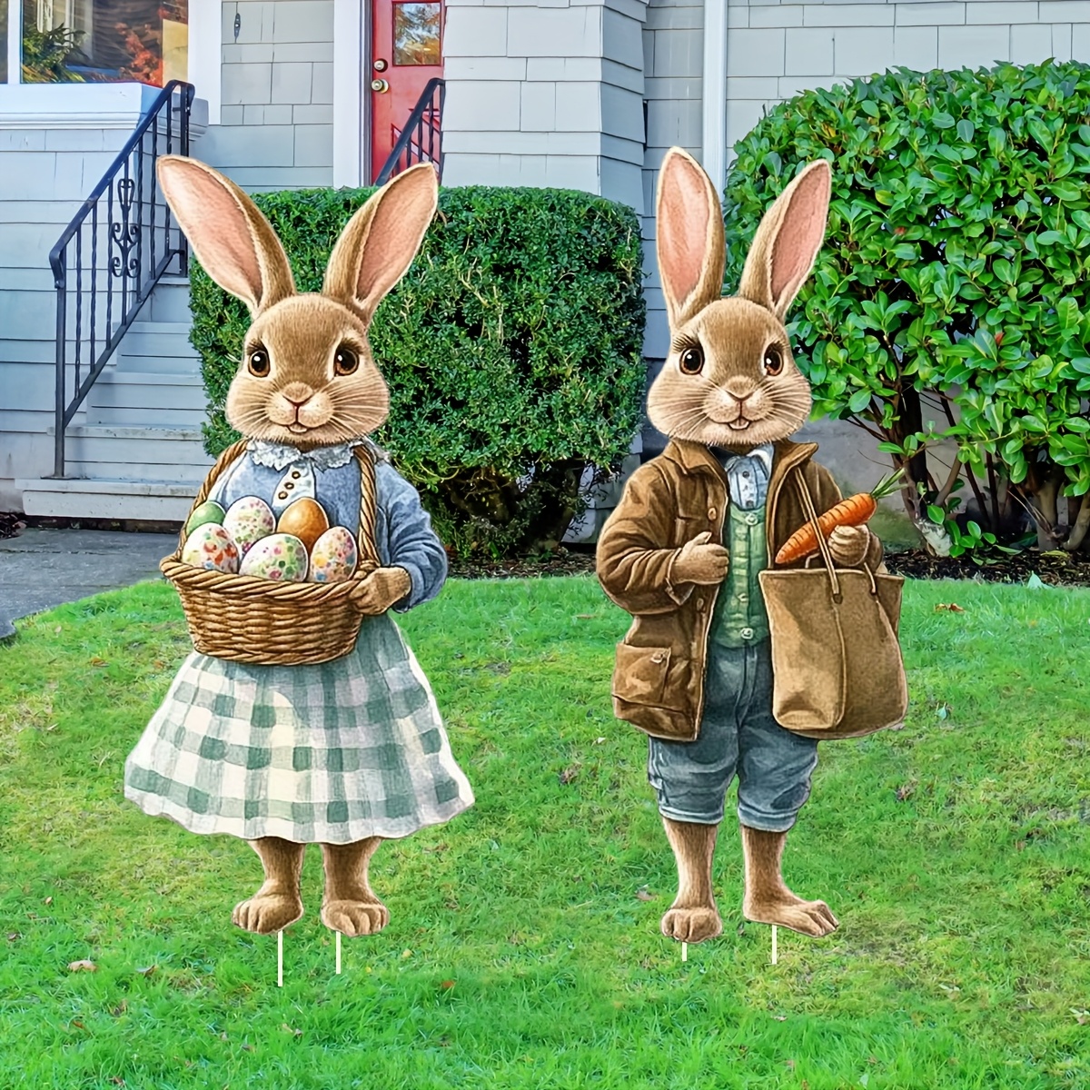 

2pcs Classic Easter Bunny & Egg Yard Decorations - Large, Plastic Rabbits With Baskets, Ideal For Outdoor Lawn And Garden Holiday Display, Easter Yard Decor| Easter Theme|vibrant Decorations