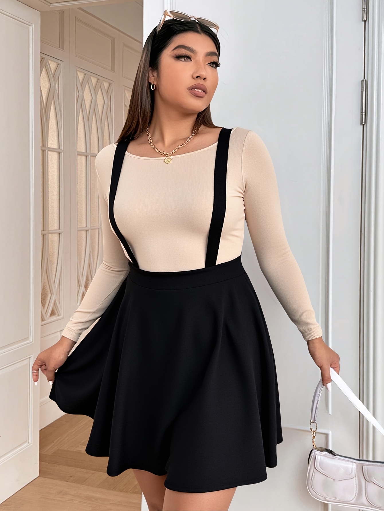 Women's Plus Size Black Suspender Skirt Casual High-Waisted Flared Mini  Skirt with Adjustable Straps, Machine Washable Wear, Versatile F