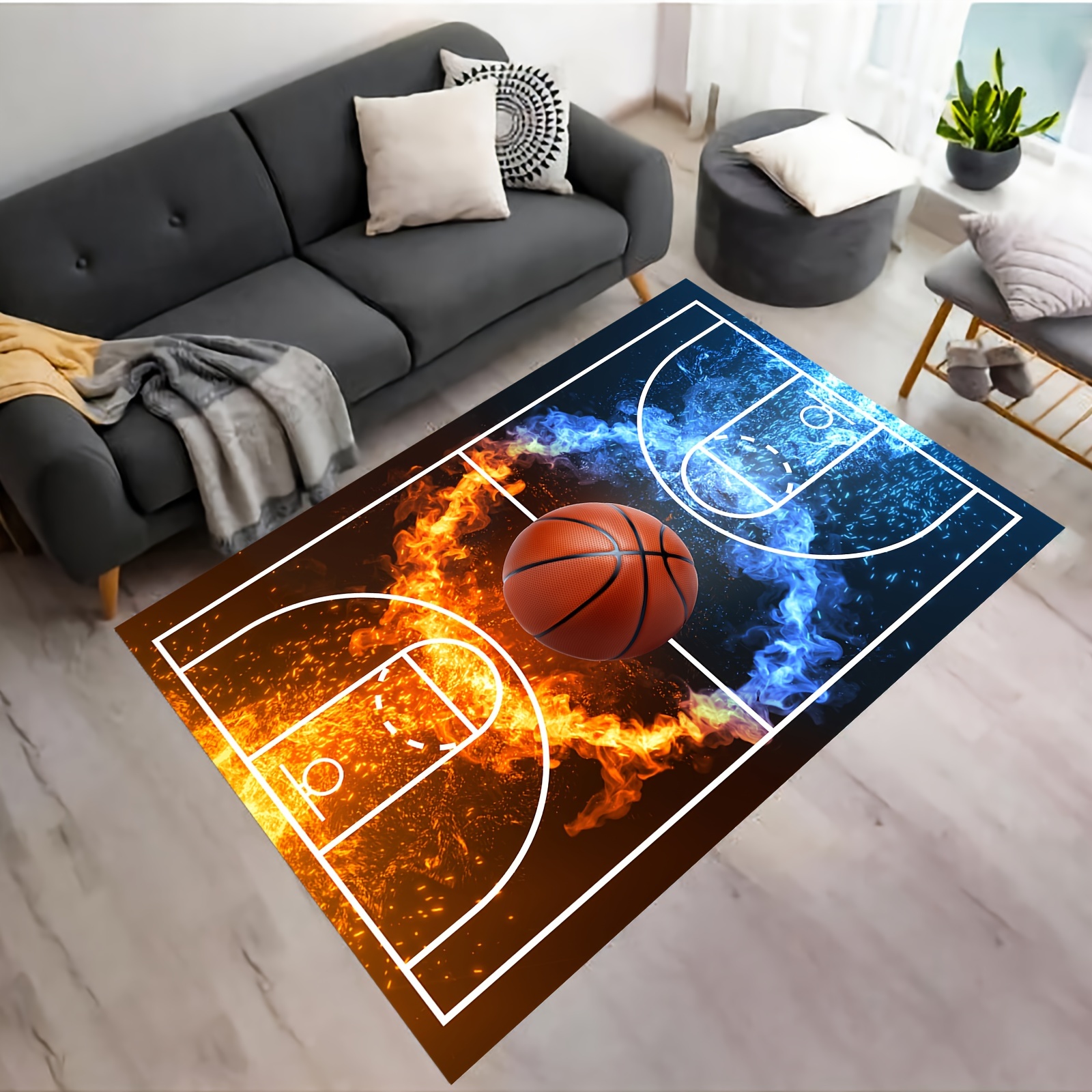 Basketball Rug Bedroom Non Slip Basketball Court Rug Fire - Temu