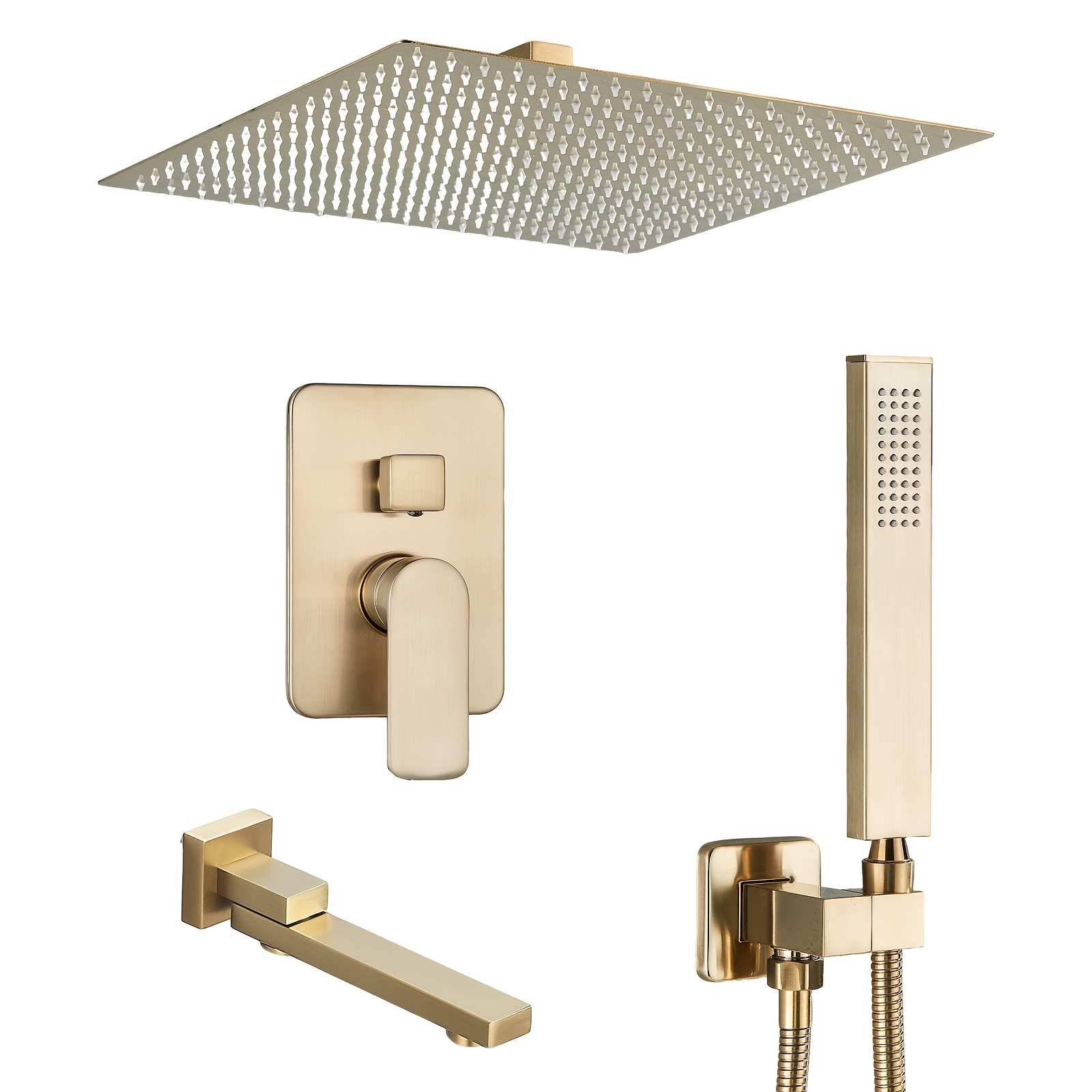 Image of Wall-mounted Concealed Shower System, Three-function Shower Set, Including 12-inch Shower Head, Hand-held Shower Head And Bathtub Spout, Shower Set, Brushed Golden