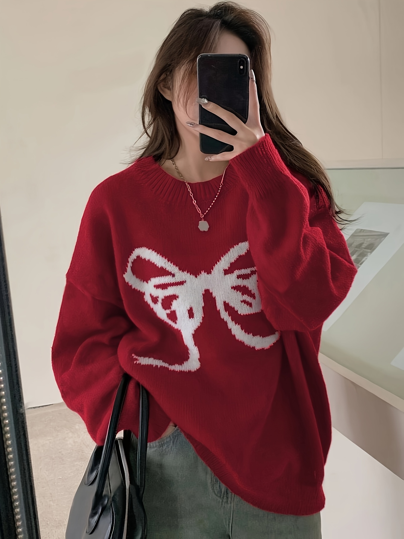 damen casual roter rundhals pullover geometrischem Temu Germany