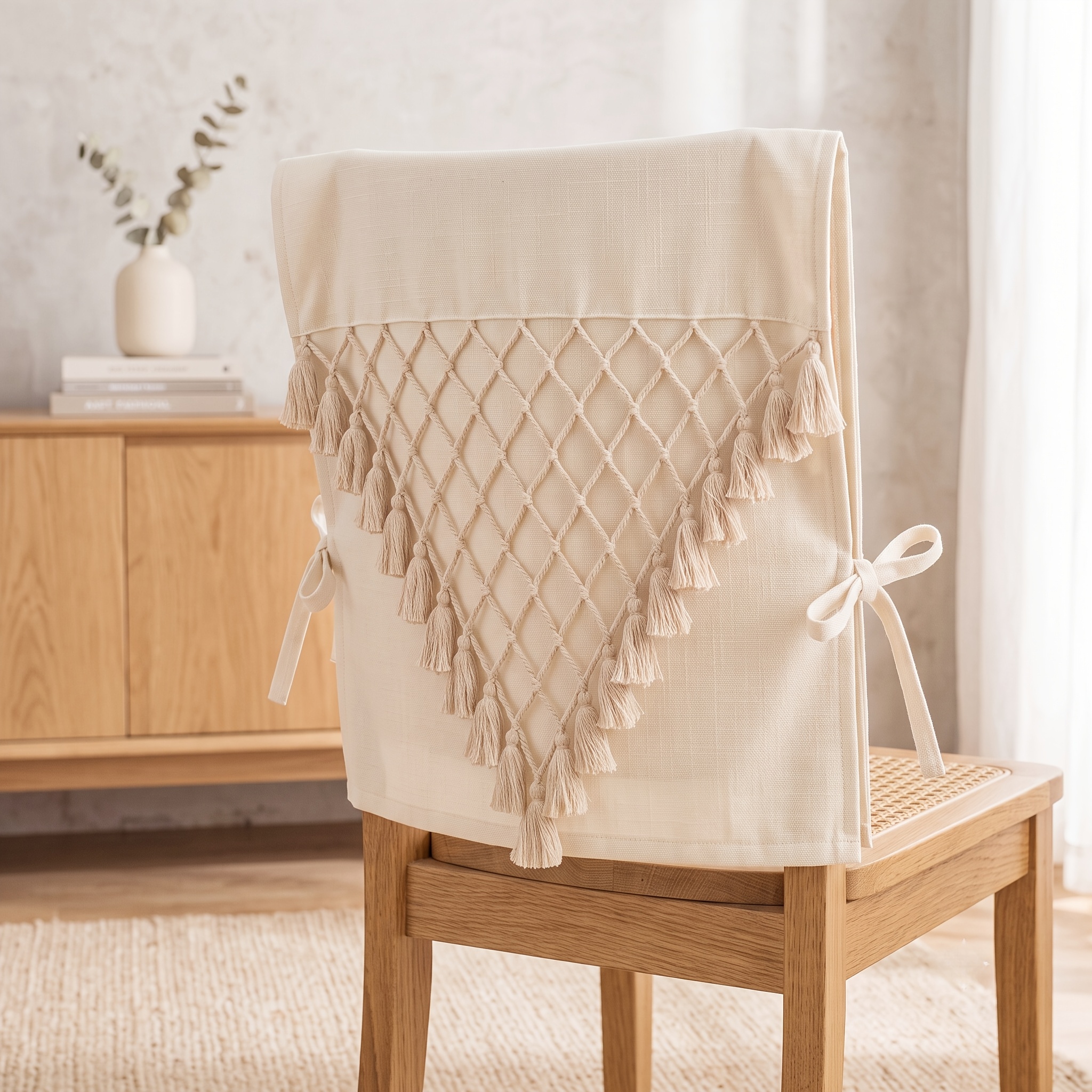 TEMU Sage Green - Chair Back Slipcover Country Cottagecore Dining Room Back Protector With Macrame Fringe Tassels 1pc
