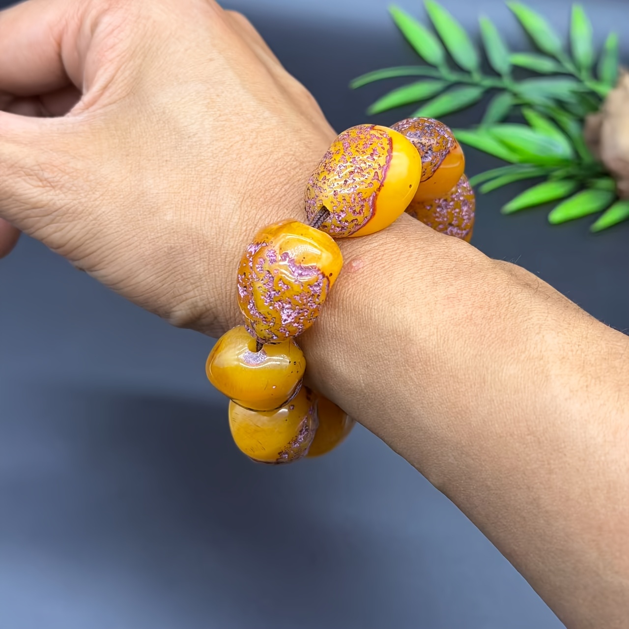 Unisex Natural Amber Wax Beaded Bracelet, Couple's Style