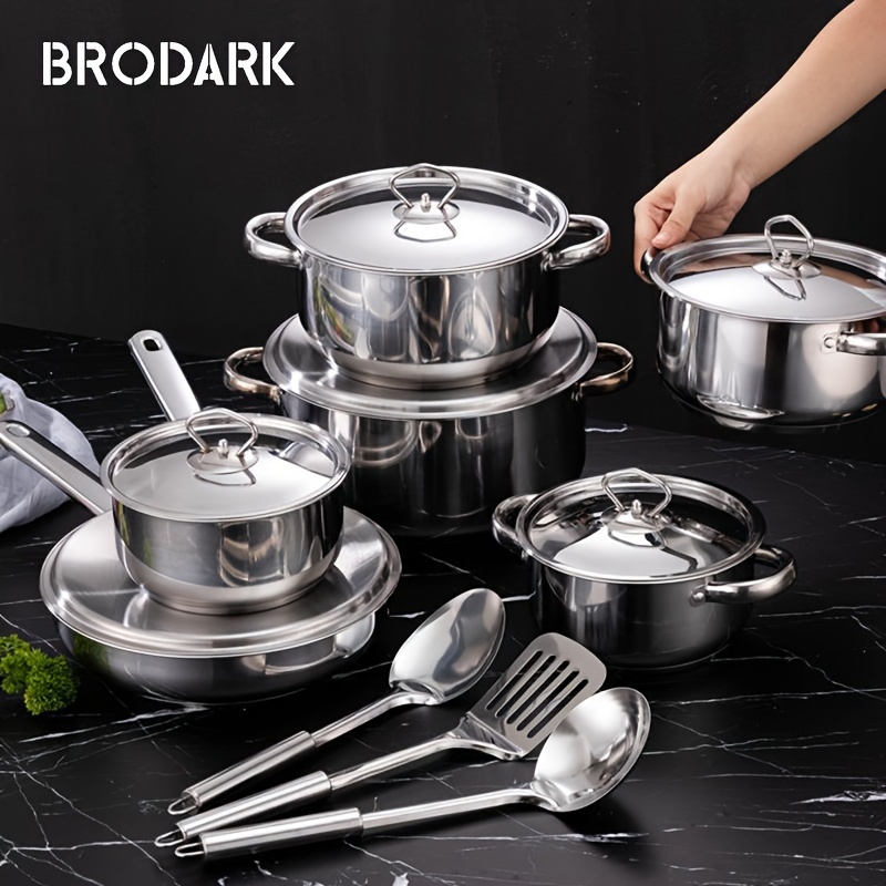 

Brodark Stainless Steel Pots And Pans Set Non-toxic, 15 Pieces Kitchen Induction Cookware Set With Steamer, Frying Pans, Saucepan And Stockpots, Compatible With All Stovetops