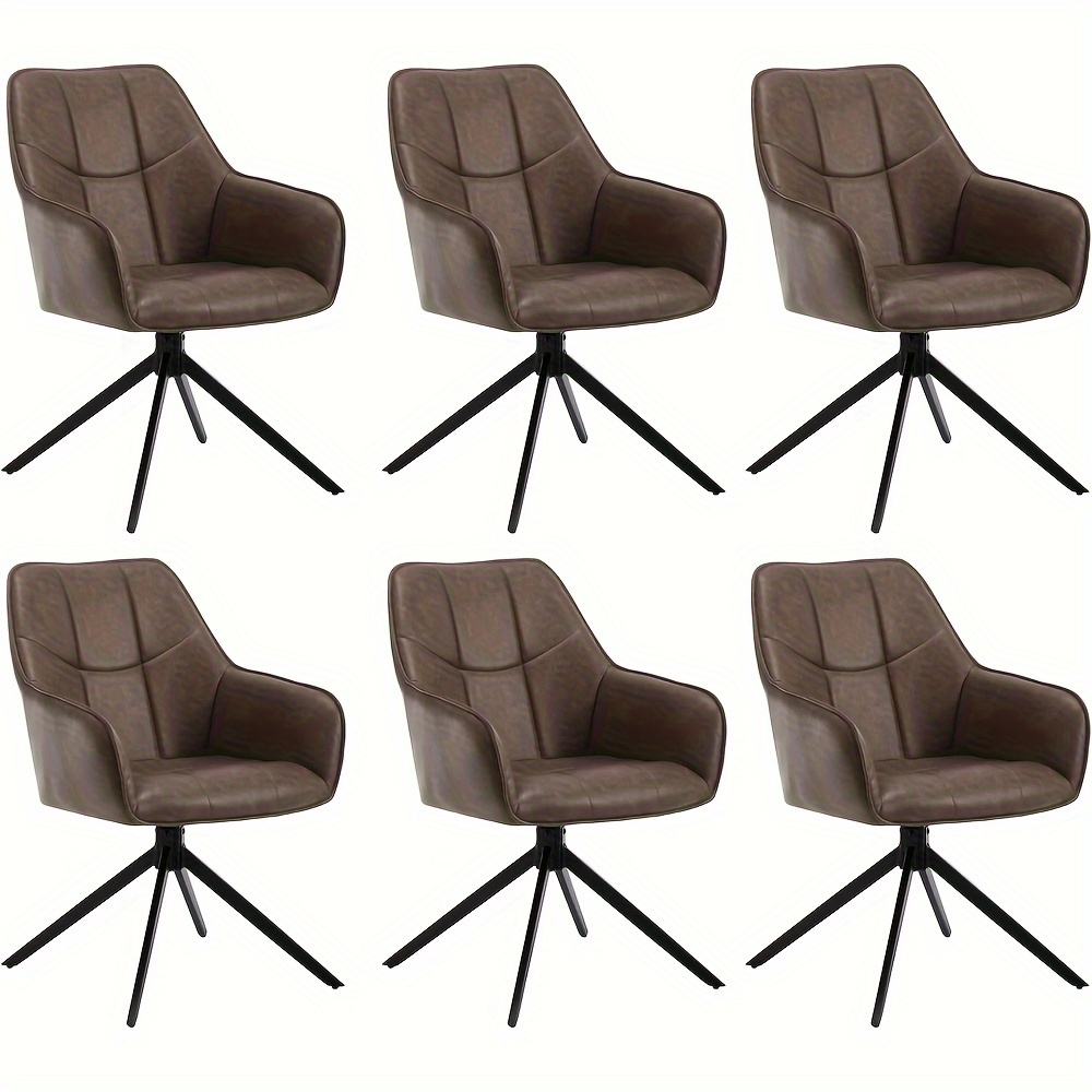 Image of 6pcs Dining Room Swivel Chairs, Brown Color Retro Leather Cushioned Chairs, Dining Room Armchairs, Living Room Ergonomic Swivel Chair, Kitchen Chair Upholstered Chair With Armrests, Lounge Chair