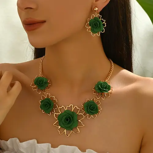 two piece womens jewelry multi layered fabric flower with metal cutout petal base gradient combination necklace and earrings stylish bohemian elegant style for parties and vacations
