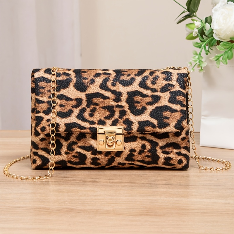 Leopard Print Crossbody Phone Bag With Safety Lock & Chain Strap - Casual Diagonal Purse Suitable For Commuting, Everyday Use, Smartphones