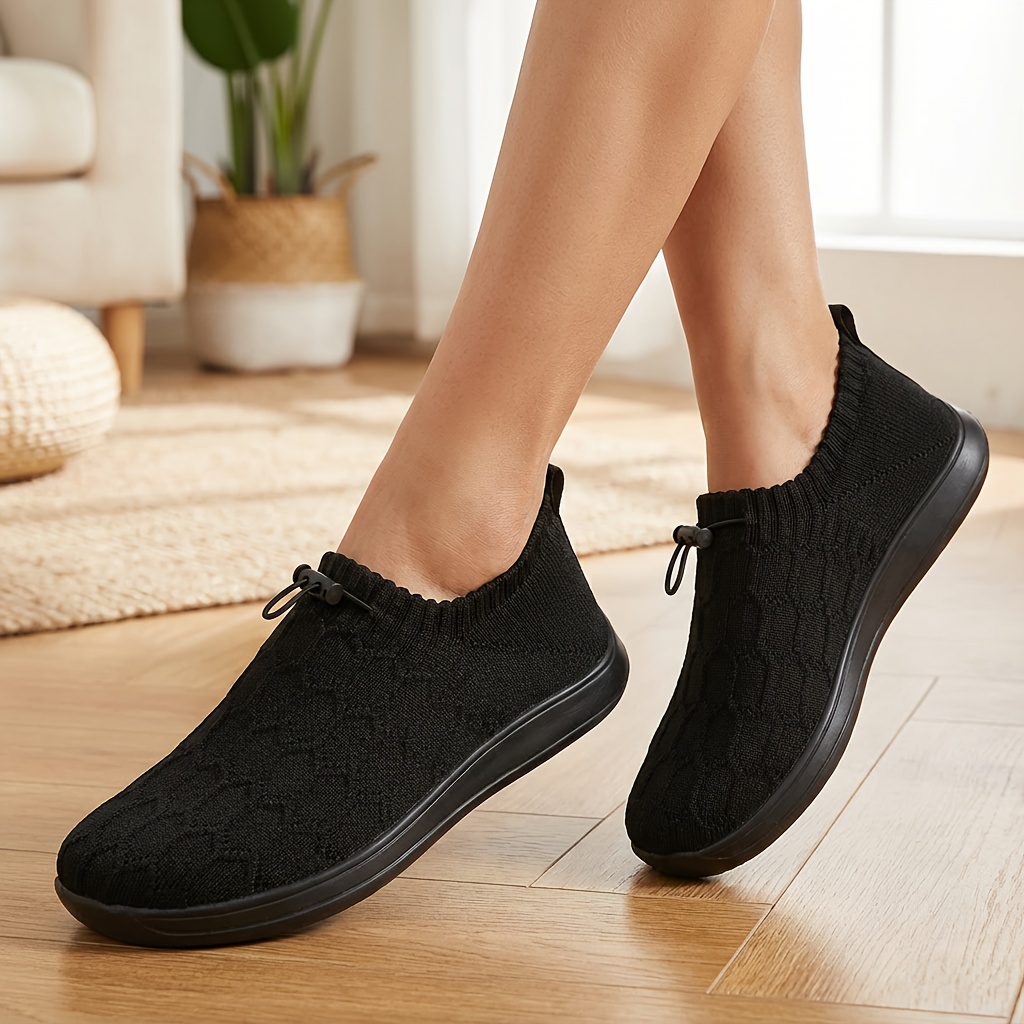 Women's Wide Fit Knit Slip-On Shoes, Soft Stretch Comfortable Walking Shoes