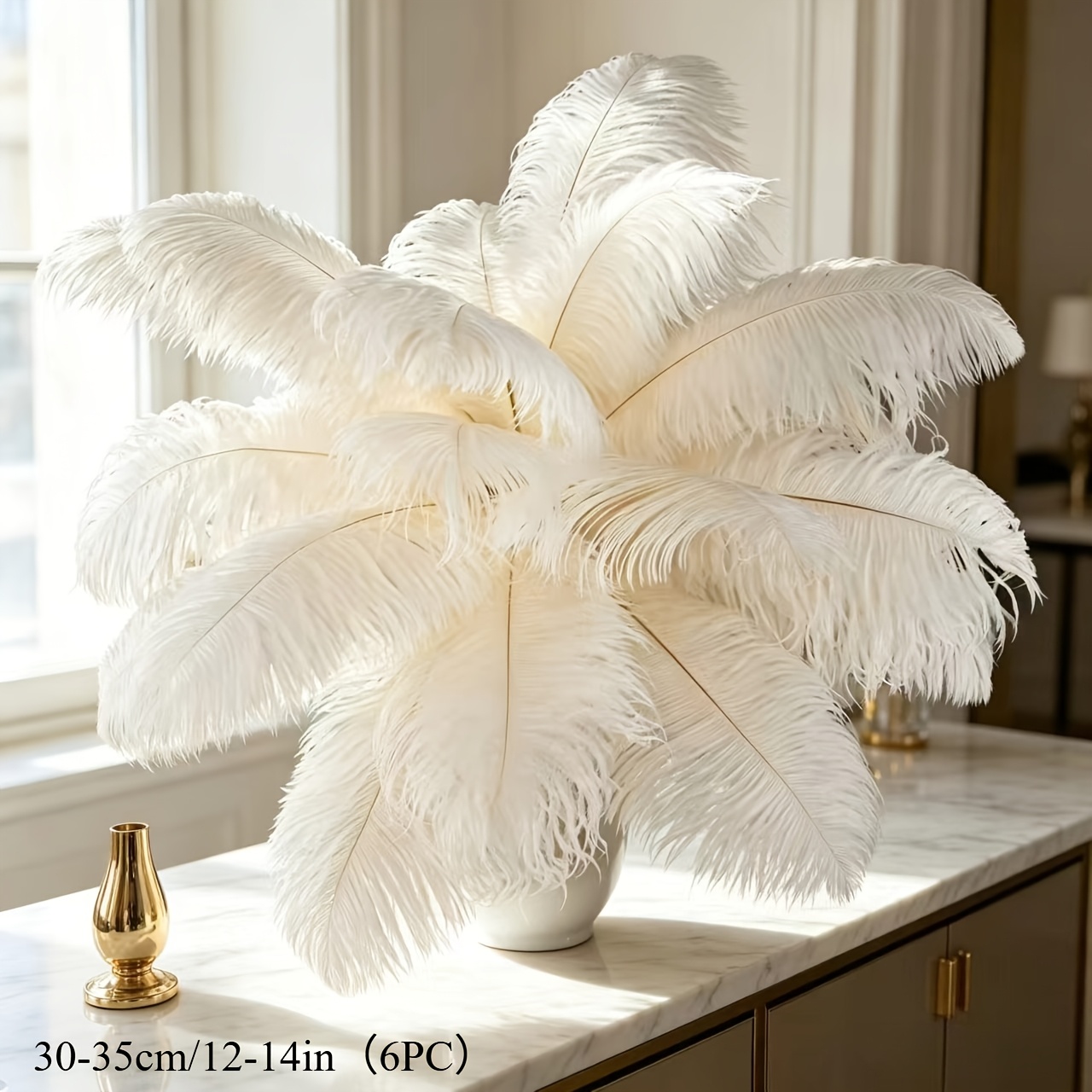 TEMU Large White Artificial Ostrich Feathers, 12-14 Inch Size, 6-pack For Wedding Table Centerpieces, Floral Arrangements, And Home Decor - Elegant ,