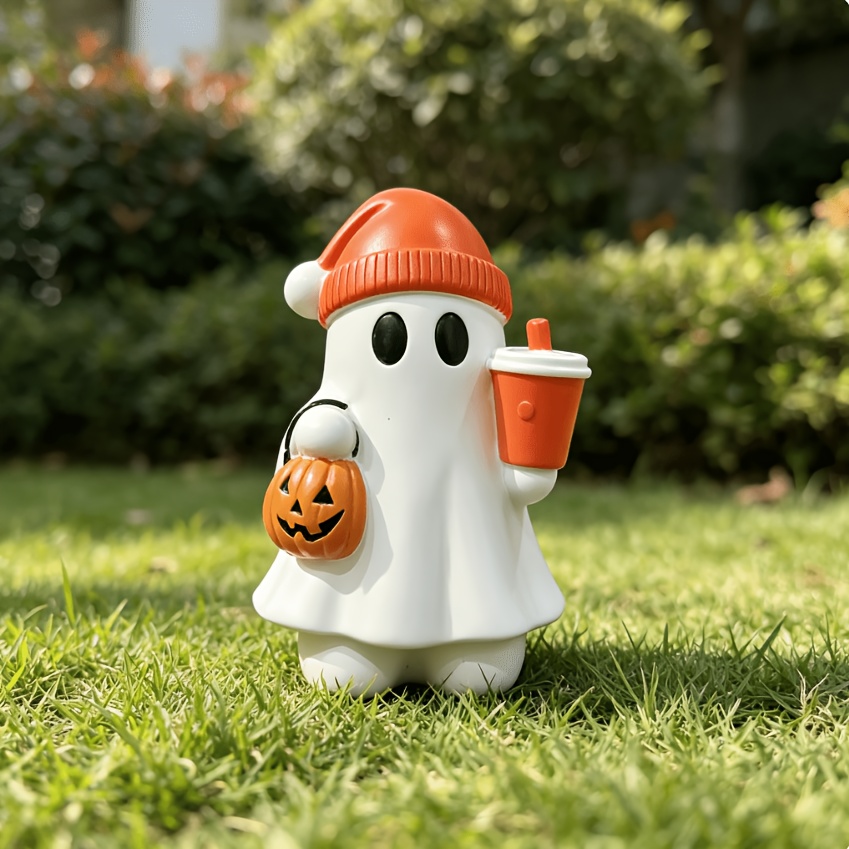 TEMU 1pc Cute Little Figurine With Knitted Hat & Coffee Cup Pumpkin Bucket - Resin Statue Suitable For Halloween Decor, Desktop Fireplace Shelf