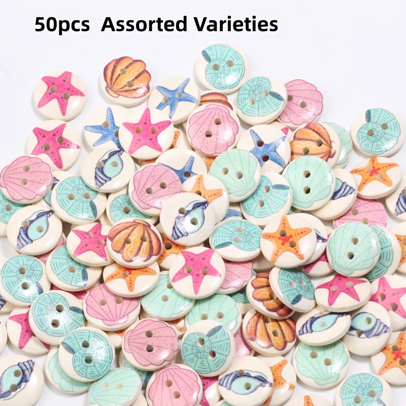 TEMU 50pcs 15mm Assorted Style Double-hole Wooden Bead Buttons For Cardigans, Sweaters, Hair Accessories, Diy Scrapbooking, And Decorative Fasteners