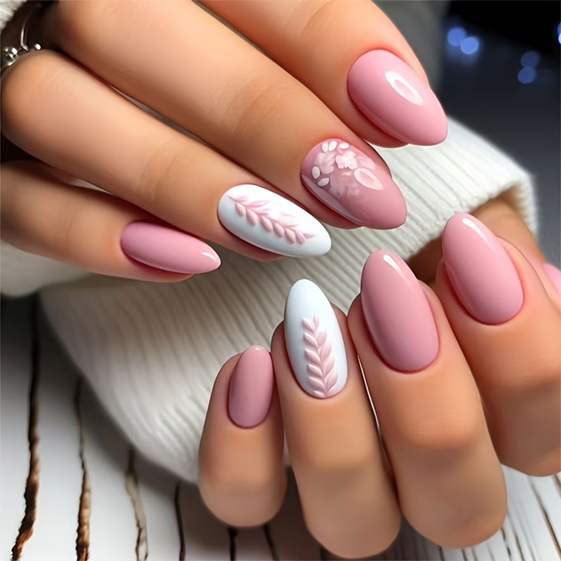 TEMU (24pcs) Short Almond-shaped Bright Face Fake Nails, Pink Series 3d Relief Elements, Suitable For Female Nail Decoration Art, With 1pc Jelly Glue And Nail Rolling Strip