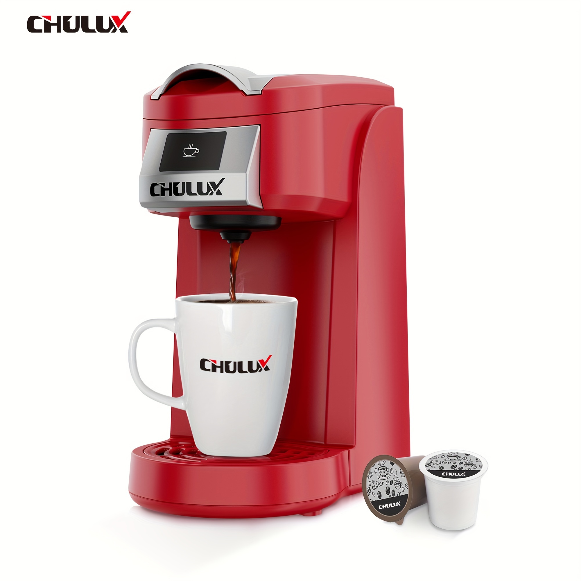 

Chulux Coffee Maker, Single Cup Coffee Machine Cup And Ground Coffee, 5 To 12oz Brew Sizes In Mins, Red