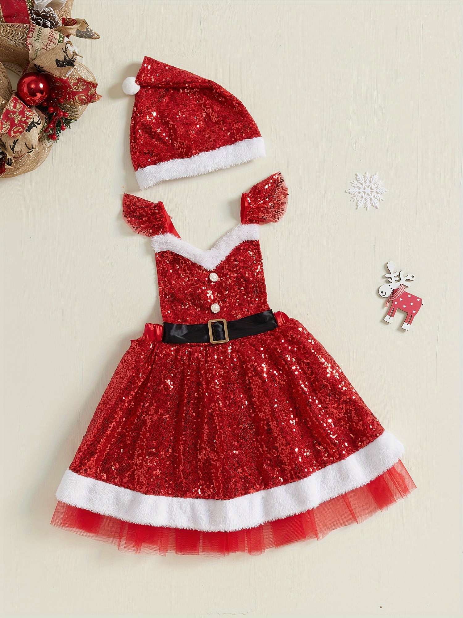 Girls' Christmas Dress Outfit, Colors, Sleeveless Backless Sequined  Slip Dress with Hat, Polyester, Short Sleeves, No Padding, No Belt, Mi