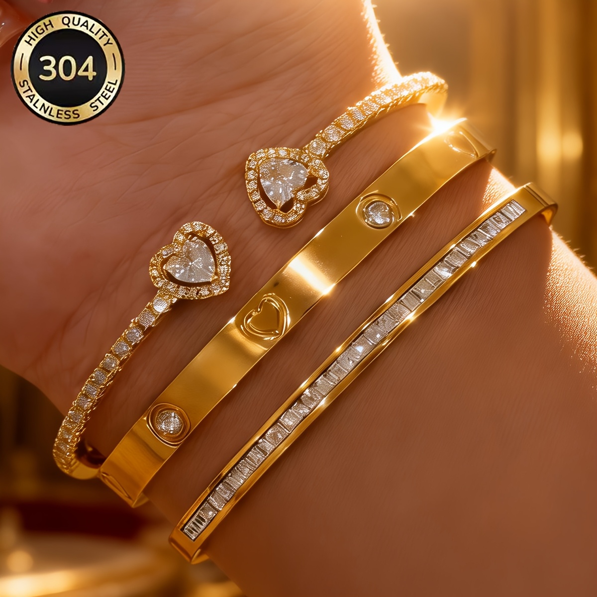TEMU 3pcs Set 18k Gold-plated 304 Stainless Steel Stackable Bracelet Set, Heart-shaped Cubic Synthetic Zirconia Bracelet, Anti-tarnish Hypoallergenic