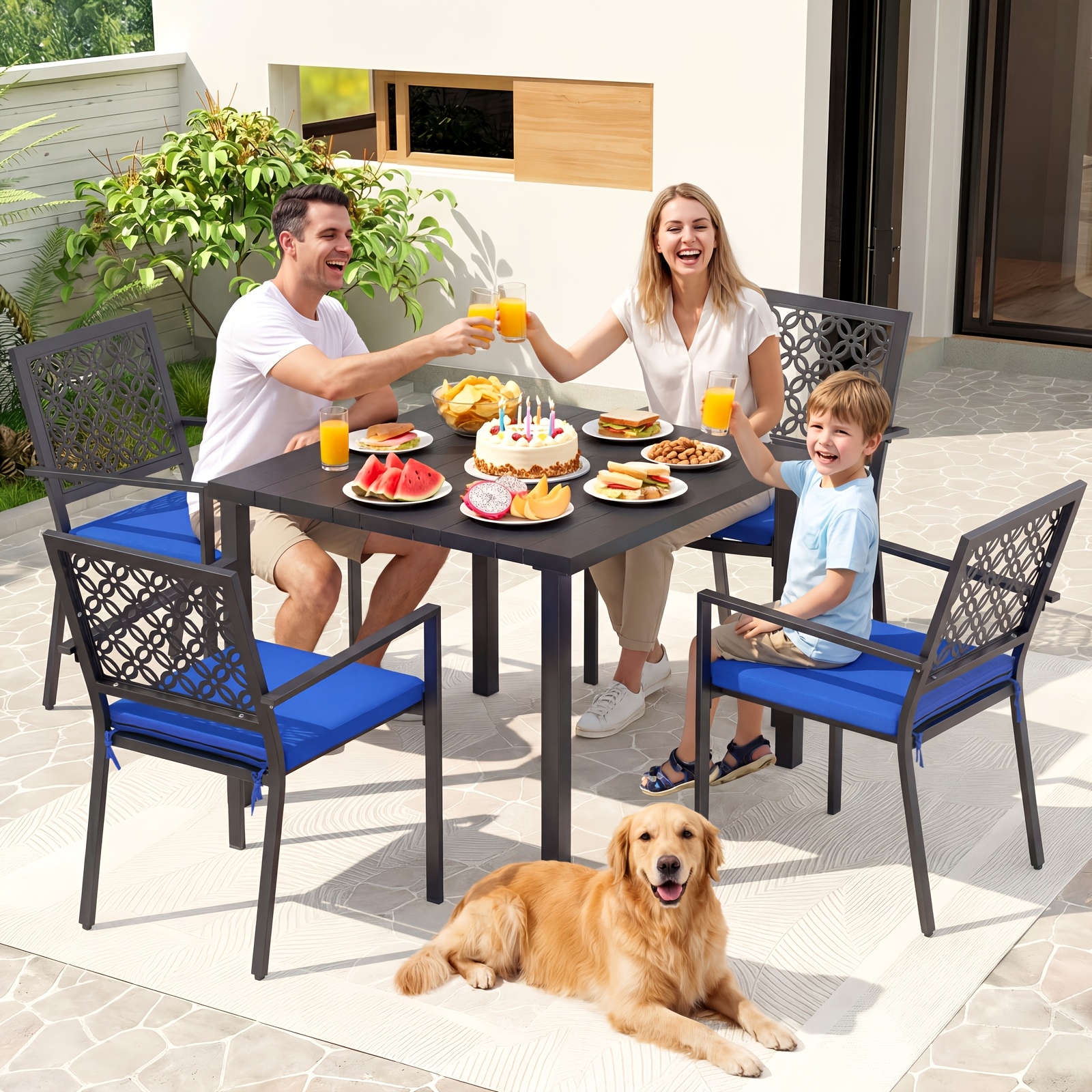 5pcs Outdoor Dining Set, Wood Grain Square Outdoor Patio Table And Chairs Set, Metal Dining Set with With 4 Spacious Dining Chair, All Weather Patio Furniture Set for Deck Garden