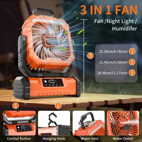 Portable Rechargeable Misting Fan With Remote Control, 6L Water Tank, 3-Level LED Light, Timer, And Power Bank - 150mm Blade
