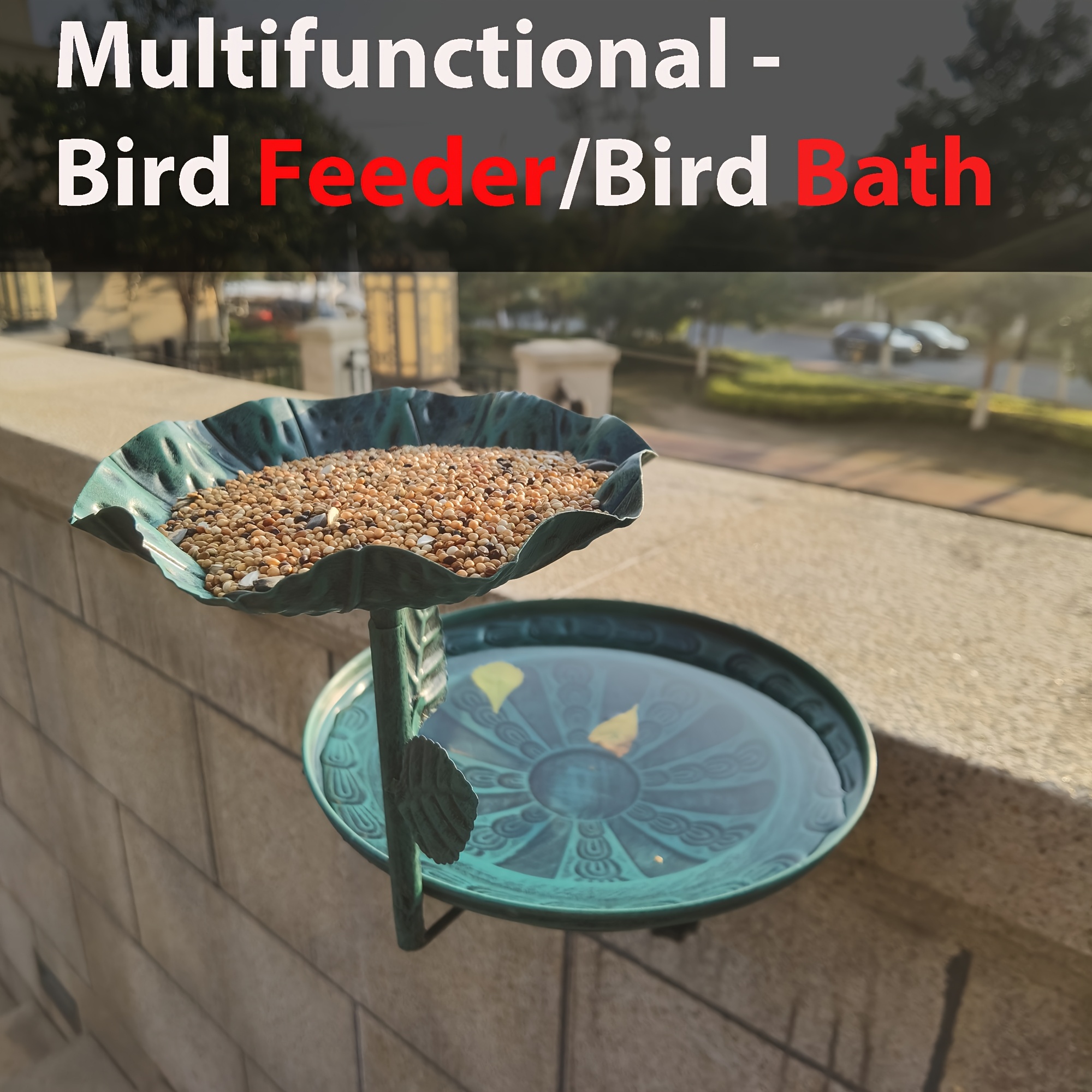Image of Vintage For Blue Bird Bath, Method, Metal Detachable Double-layer Bird Feeder, Easy To Clean, Large Capacity Bird Pool, Suitable For Garden, Yard, Patio, Lawn, Railing, Deck