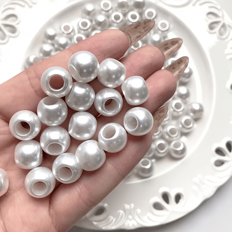 TEMU Lot de 52 perles acryliques à grand trou de 12 mm - Finition nacrée ronde blanche brillante, kit de fabrication de bijoux DIY pour bracelets et