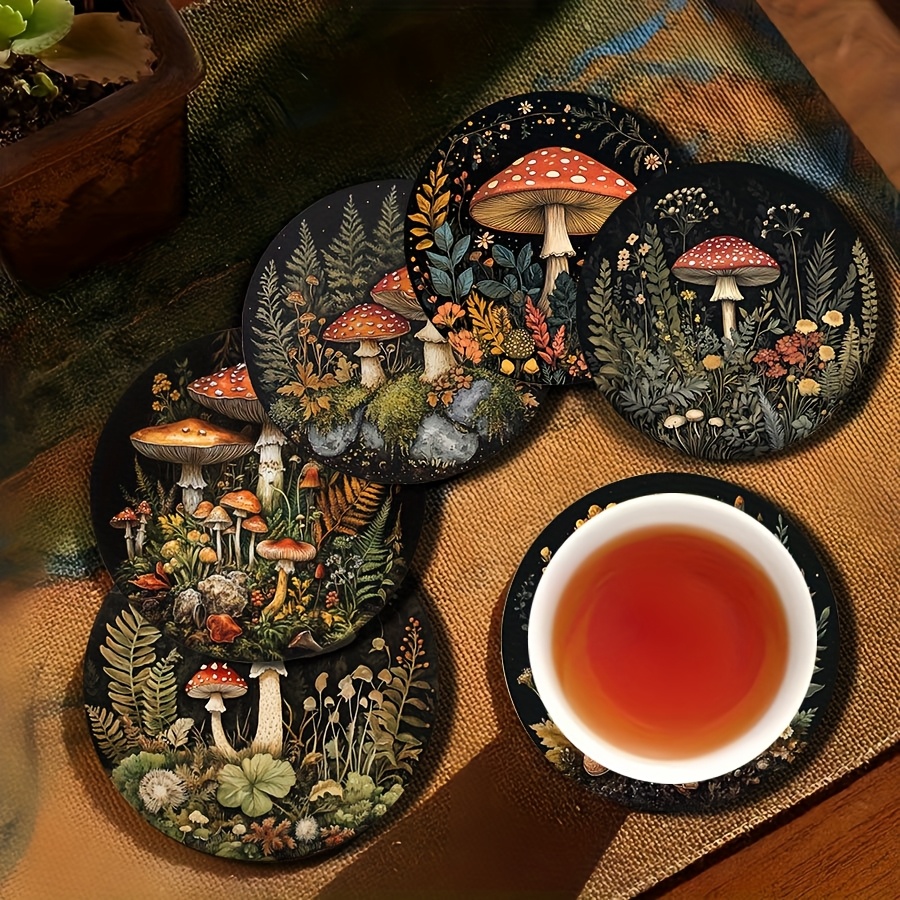 TEMU 6pcs Mushroom Art Design Coaster Set, Heat Resistant And Non-slip, Suitable For Kitchen, Home And Restaurant Decoration, Ideal Holiday Gift