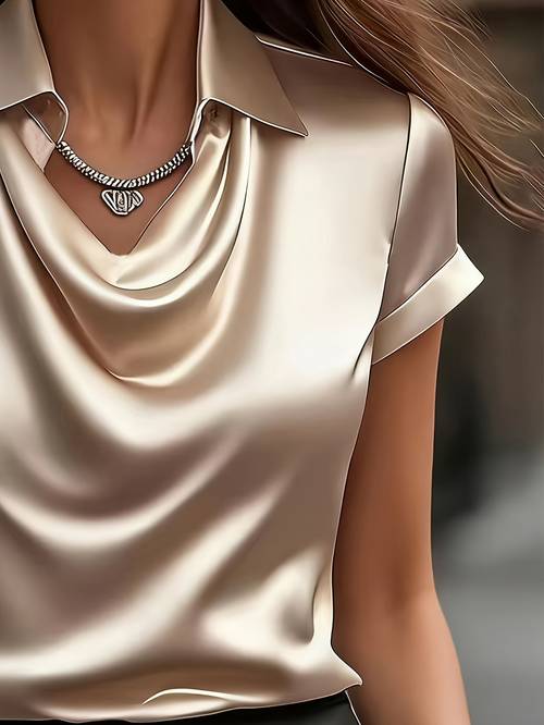 elegante dames blouse met hoge hals, korte mouwen, losse pasvorm, rechte kraag, eenvoudig hoge hals ontwerp