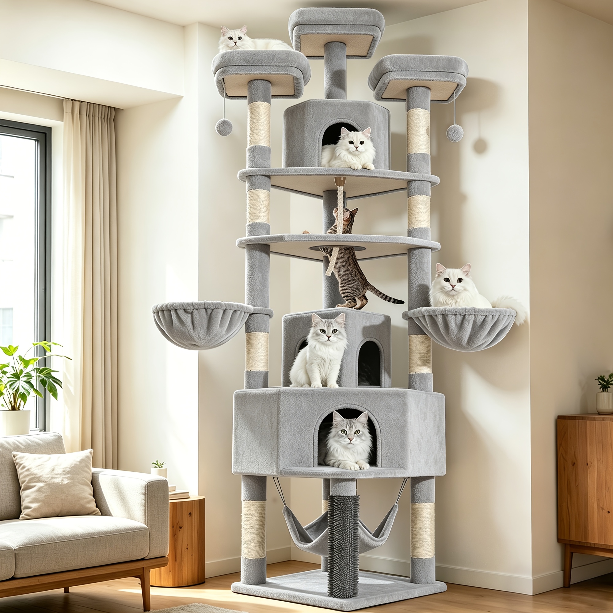 cat tree 220cm multi layer cat tree with 3 cat houses 3 platforms 3 hammocks 8 sisal posts 1   and 1 sisal rope