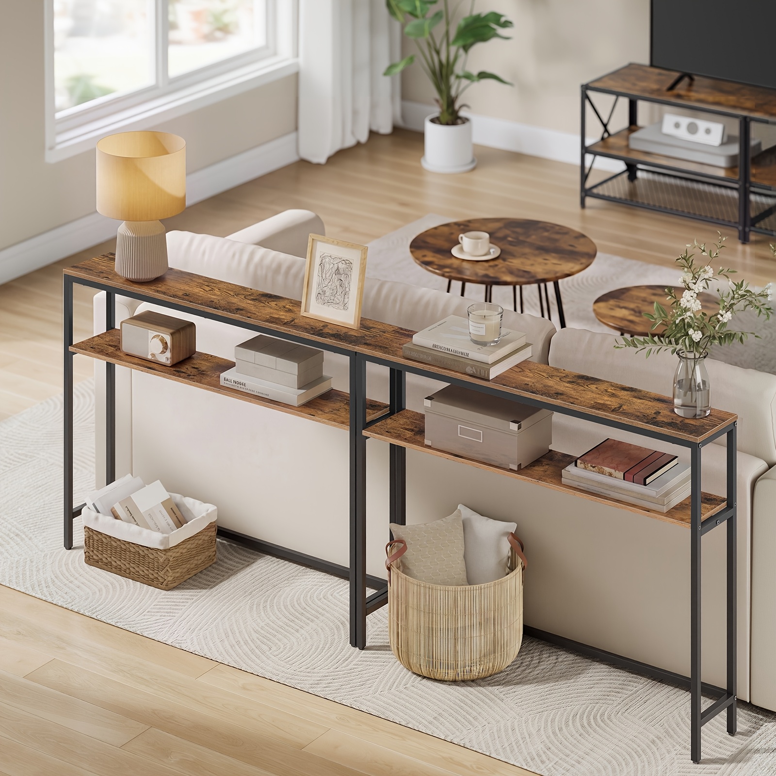 TEMU Mesa de entrada con 2 estantes, mesa estrecha para pasillo, mesa de consola para o dormitorio, marrón y negro