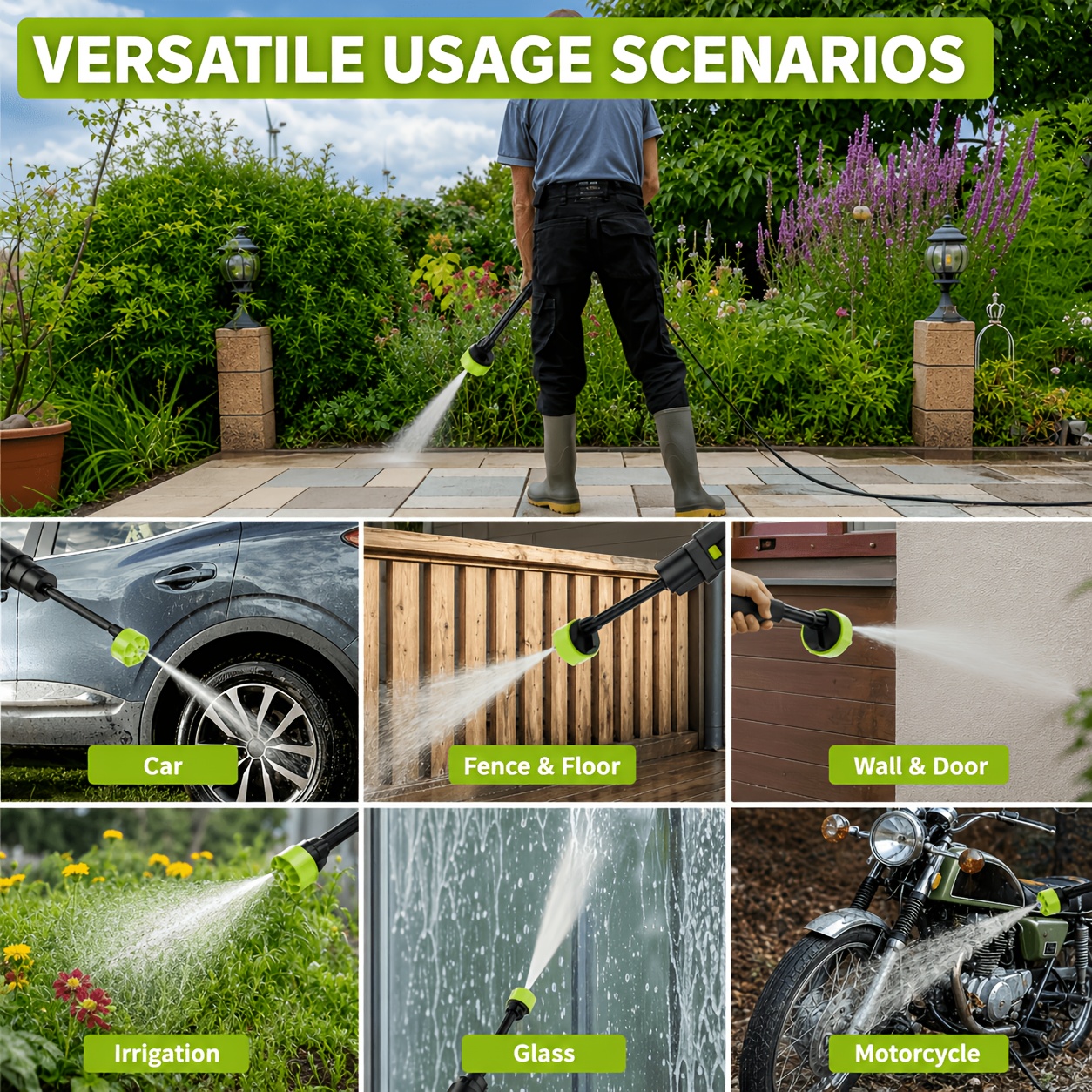 Cordless Pressure Washer Water Gun 1200 PSI | 30 Speed Levels 6-in-1 Nozzle | 7.32m High-Elastic Hose Handheld Rechargeable Lithium Battery