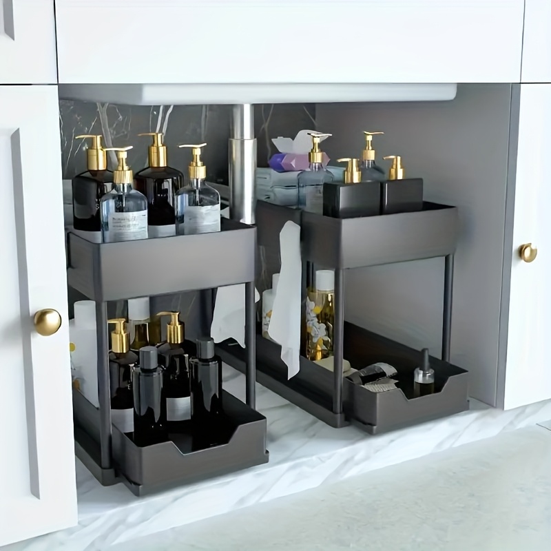 multifunctional pull out sink organizer and storage suitable for bathroom and kitchen 2 tier sliding cabinet basket bathroom and kitchen cabinet storage box with hooks storage cups household kitchen accessories