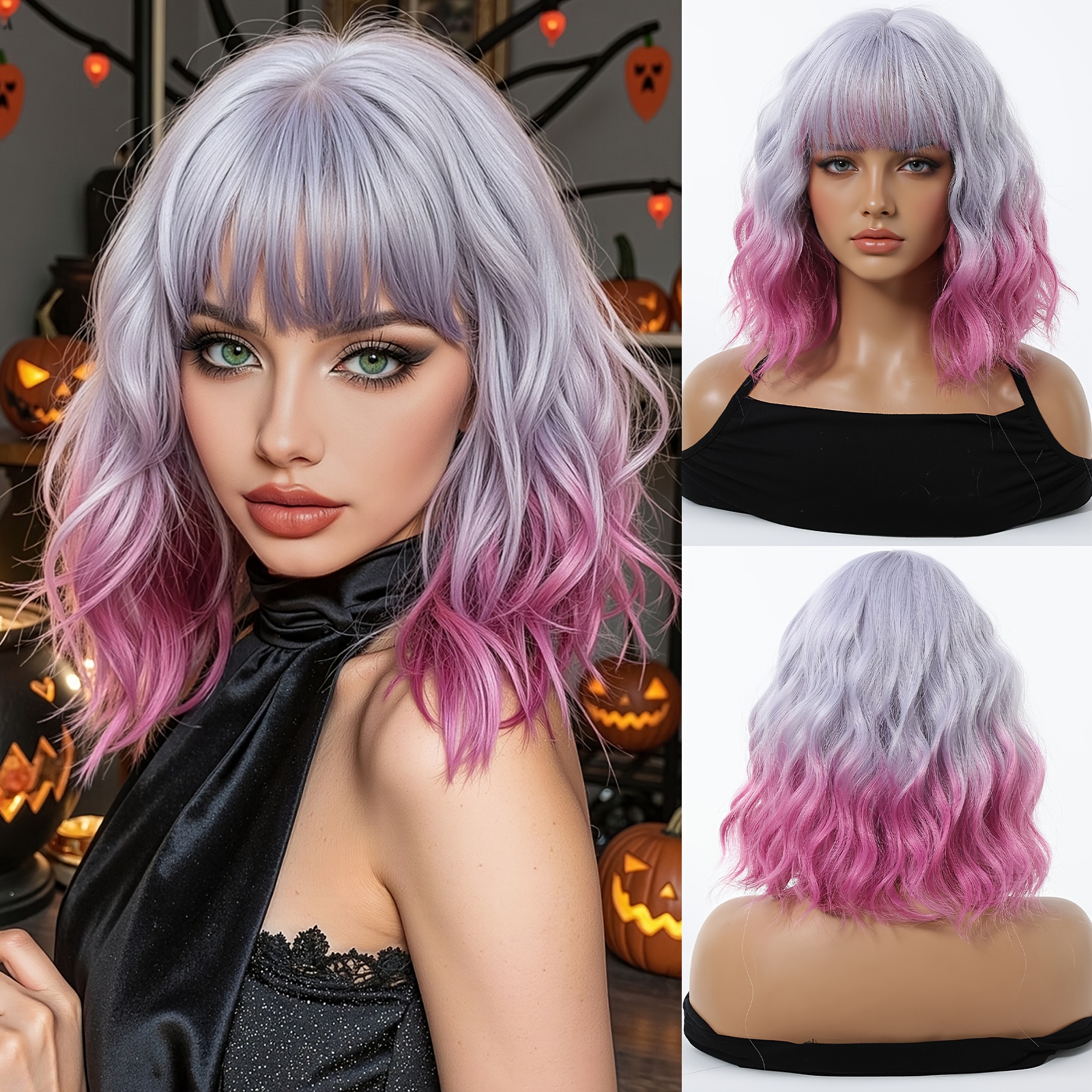 12 Inch Silvery Gray Ombre Pink Short Wavy Bob Wig With Air Bangs Synthetic Full Wig Fluffy Goth Witch Vampire Punk Cosplay Halloween Costume Spooky Night Party Trick Or Treat Gift