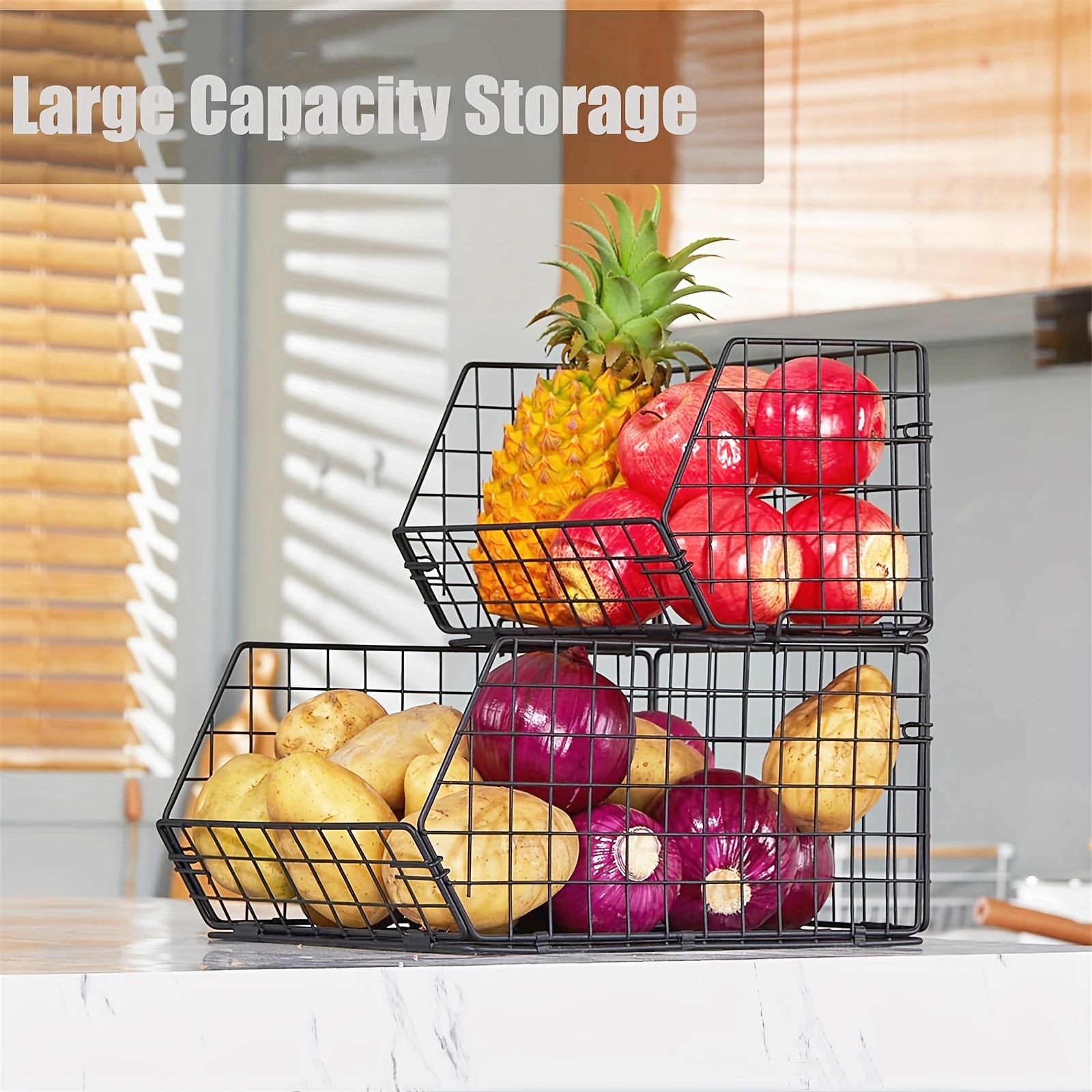 

1set 2-tier Fruit Vegetable Basket Wall-mounted Wire Storage Baskets Countertop Detachable Stackable Bin Kitchen Organizer For Snack Canned Foods Onion Storage Cabinet