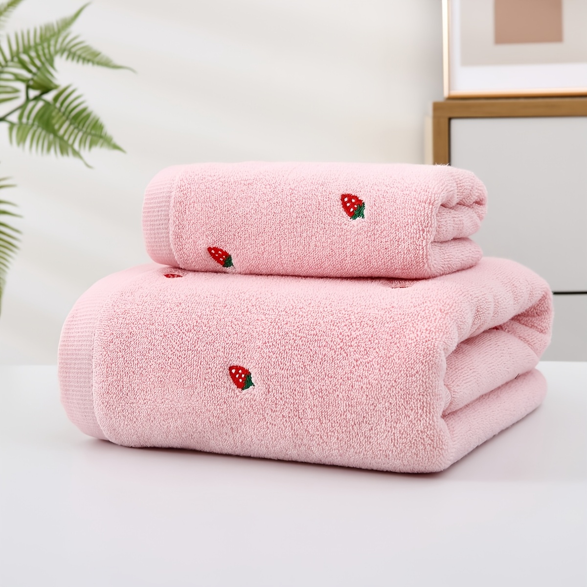 Image of 2pcs Evershine Cotton Bath Towel Set, 450 Gsm Embroidered Strawberries, Ultra Absorbent Towels For Bathroom, Spa, Swimming, Gym
