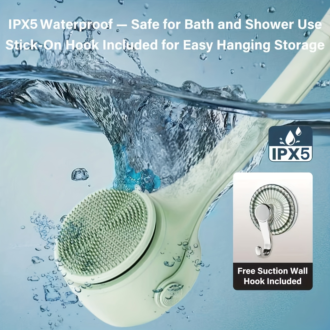 SENBOWE Electric Body Brush Back Scrubber Designed for Use in The Shower, Featuring a Long Dual Handle And Three Interchangeable Heads. This Rechargeable Bath Brush Offers Three Speed Settings for Effective Cleansing, Exfoliation, And Skin Massage.