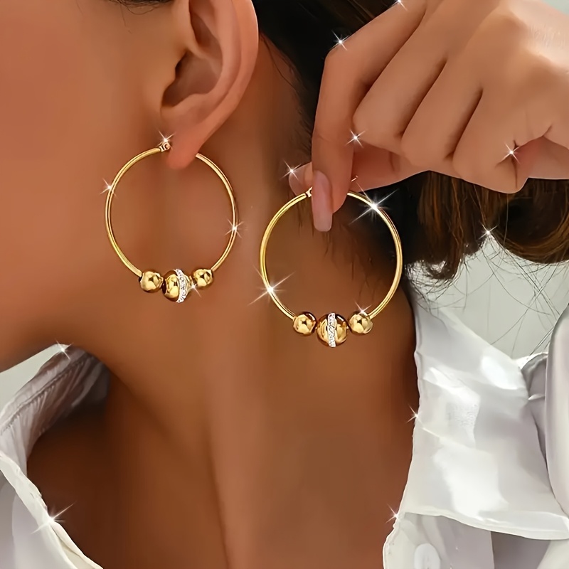 

1 Pair Vintage Elegant 18k Golden Plated Stainless Steel Hoop Earrings With Sparkling Accents, Ball Design For And Gifting, Jewelry