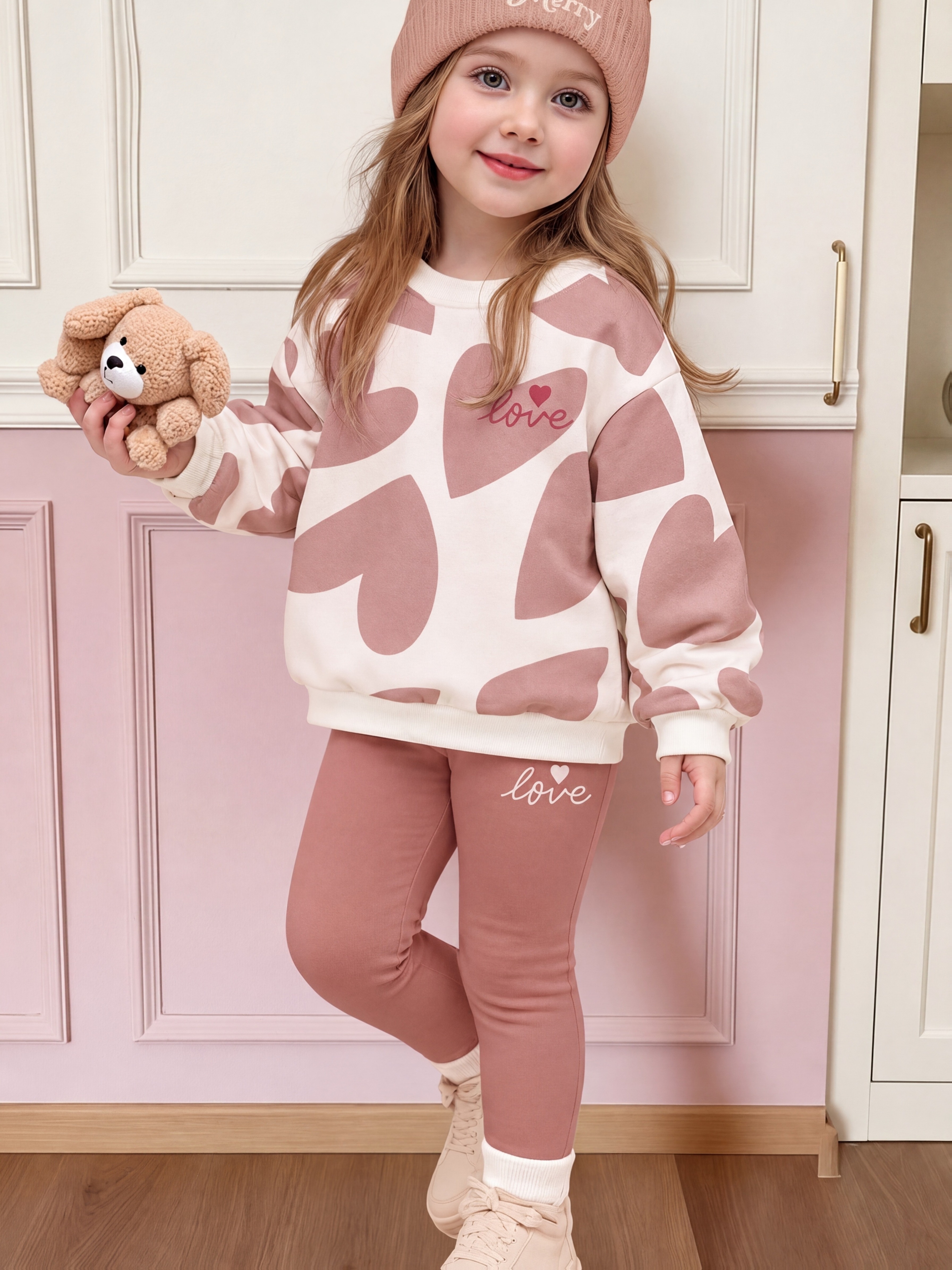 photo de l'article ensemble 2 pièces, tenue   pour fille de 1 à 6 ans, adorable imprimé cœur géométrique  , décontracté, confortable,   et chaud, sweatshirt à manches longues et col rond et leggings pour fille, convient pour un     en automne et en hiver, couleur  , pour les fêtes