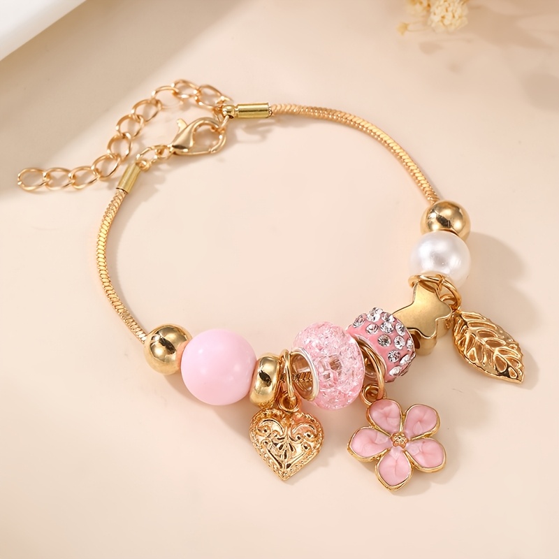 Image of 1pc Sweet Temperament Girly Fashion Bead Bangle Bangle Bracelet Cherry Petal Strawberry Pendant Hand Jewelry Gift