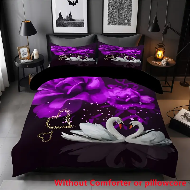 2 3pcs couple love swan purple flower print duvet cover set 1 duvet cover 1 2 pillowcase without core fashion romantic valentines day bedding set for bedroom dorm home decor Product details 0