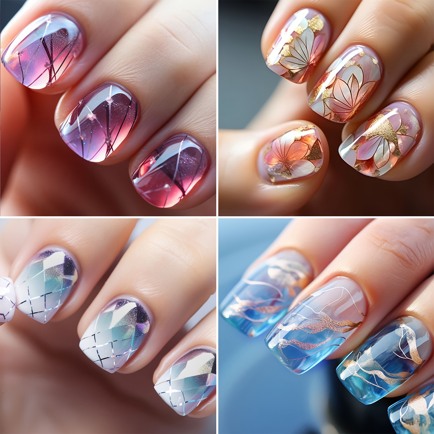 TEMU 96pcs Short Square Press-on Nail Set, Fashionable Blue Gradient With Golden - Medium , Short , Mid-length Blue Ombre With Lines, Glossy Finish, Women's Nail Art Accessories