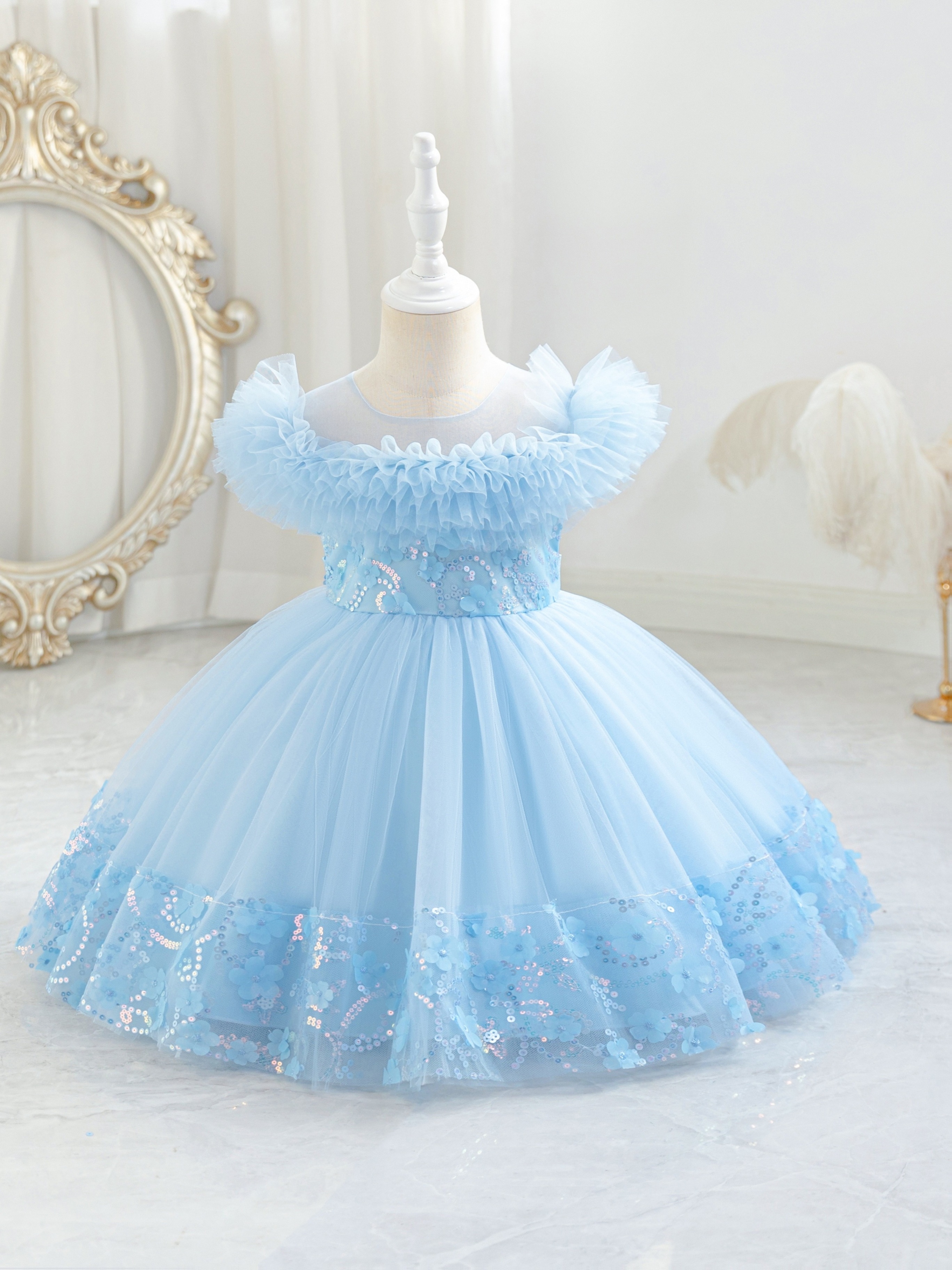baby girl light blue dress Sleeveless Blue Ball Gown Knee-Length Flower Girl Dress | Blue / 3-4 Years (110cm)