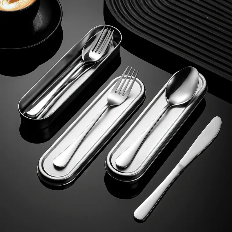 customize your text with a 3 4pcs 304 silvery stainless steel knives forks spoons and portable cutlery boxes the silverware set is easy to store not damaged and suitable for going out picnicking camping outdoor activities and Product details 1