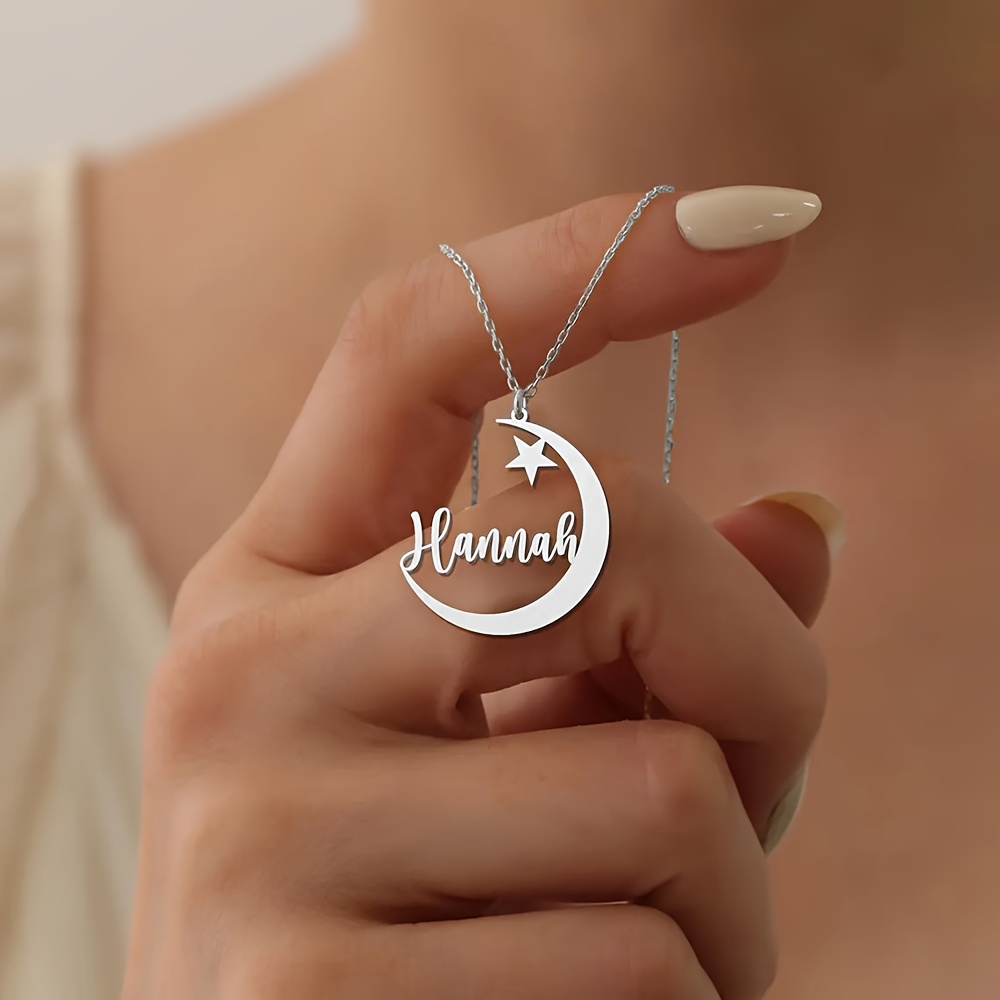 TEMU Collier Personnalisé Croissant et Étoile avec Nom - Bijou Élégant et Minimaliste pour Femme, Cadeau Polyvalent pour Anniversaires, Anniversaires