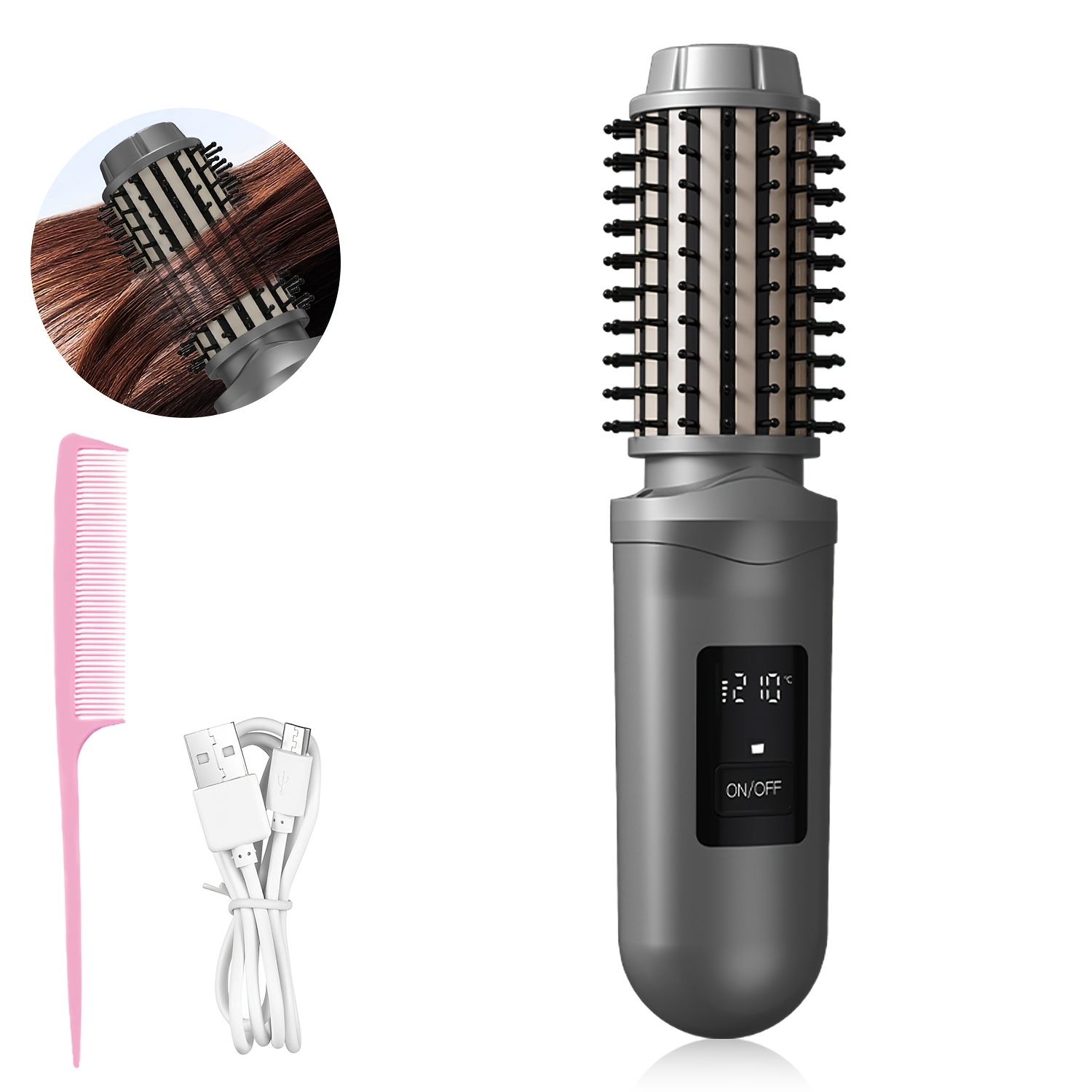 TEMU Wireless Curling Brush, Portable Hair Styling Tool, 3-in-1 For Curling, Straightening, And Conditioning Hair, Rechargeable Via Usb, Features An