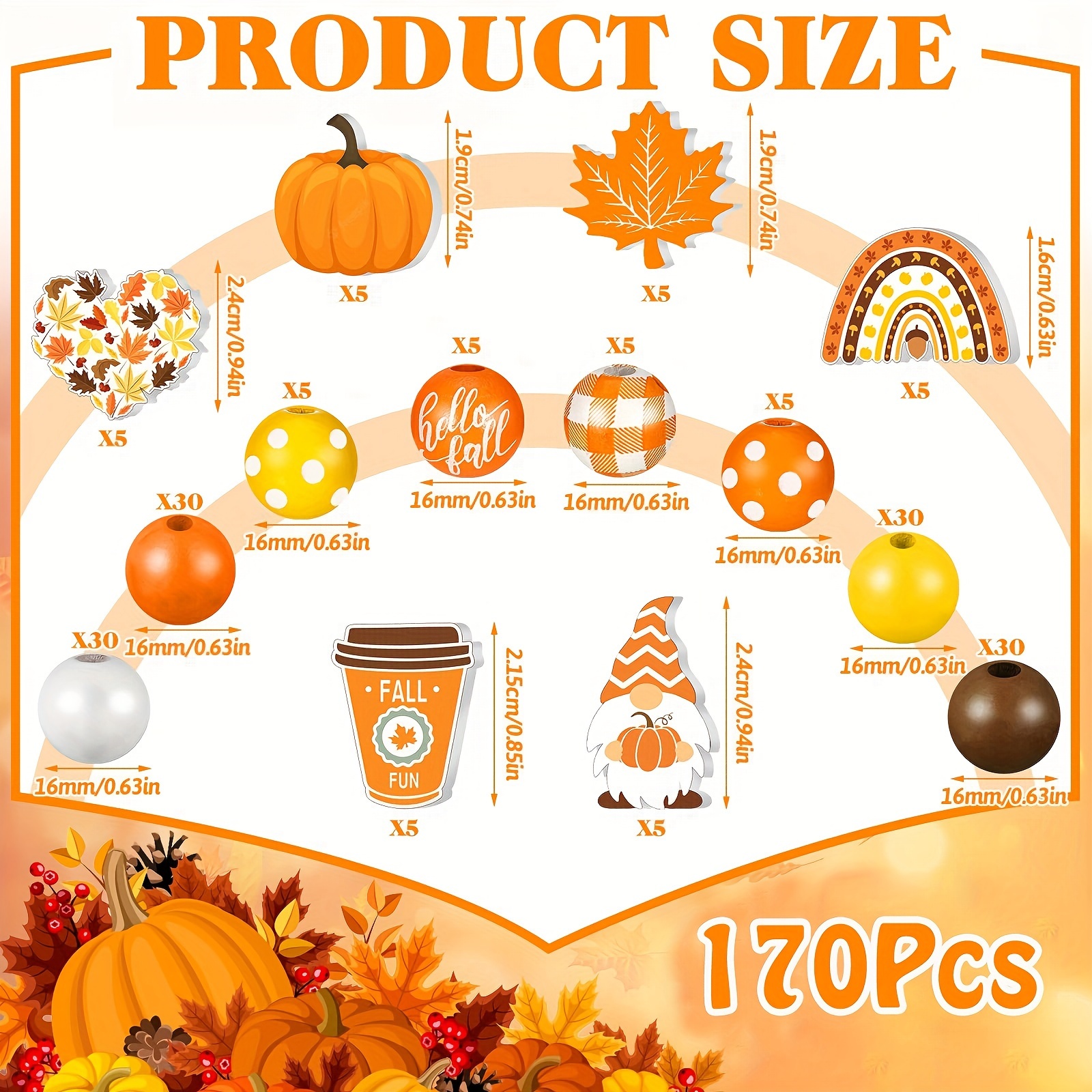 TEMU Efrey 170 Pieces Fall Wooden Beads Thanksgiving Beads Pumpkin Maple Leaf Beads Colorful Round Loose Spacer Beads For Necklace Bracelet Jewelry