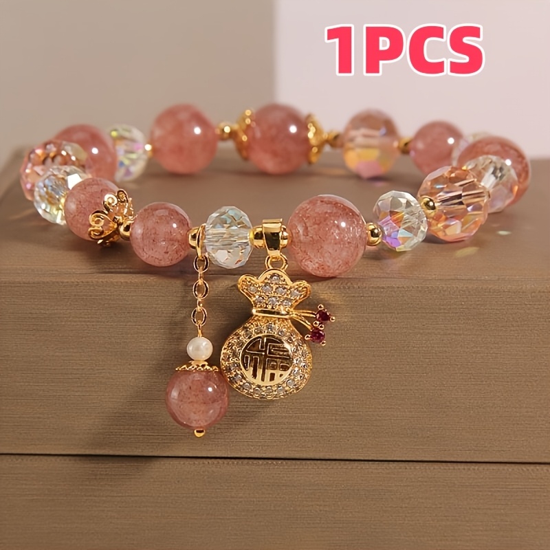 TEMU 1 Strawberry Stone Bracelet With Heart-shaped Charm And - Shiny Decoration, Adjustable Elastic Band, Suitable For Women, Cute Valentine's Day