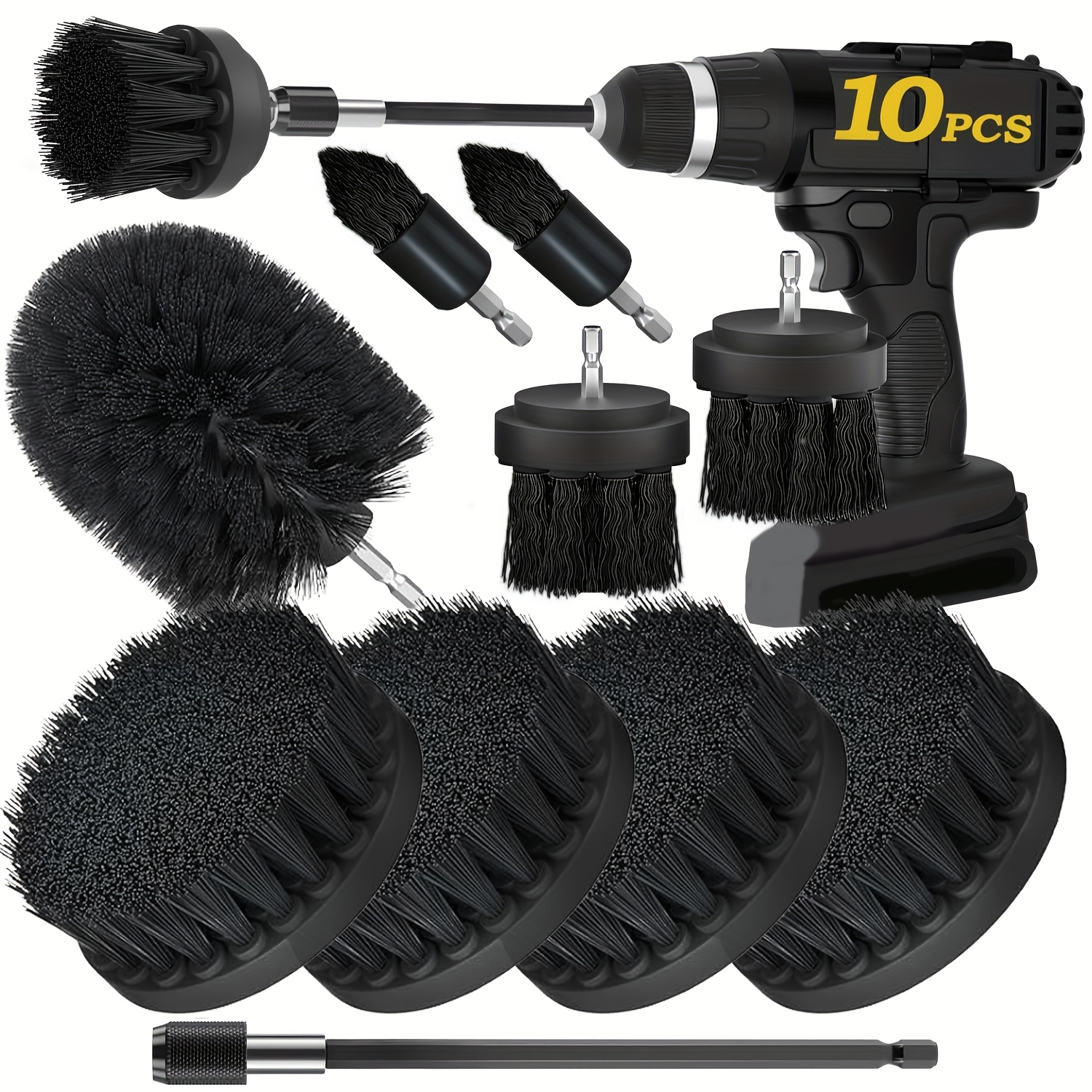 E-shop 3/4/5/6/10/13-teiliges schwarzes Mehrzweck-Reinigungsbürstenset mit Verlängerungen, Elektrobohrer-Bürstenset – geeignet für Autos, Boote, Möbel,