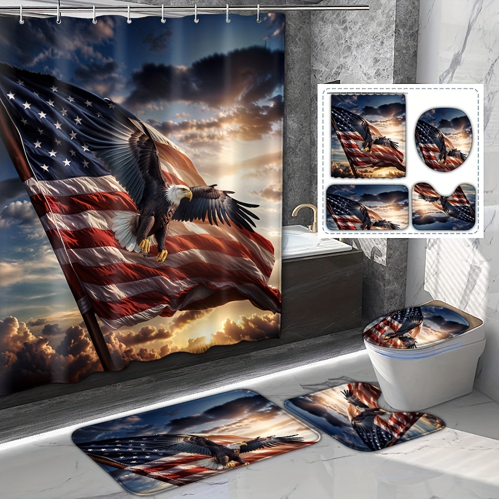 

1/4pcs Patriotic Eagle & Shower Curtain Set, Shower Curtain 12 , Bath Mat, U-shaped Mat, Lid Pad, Bathroom Decor Accessories